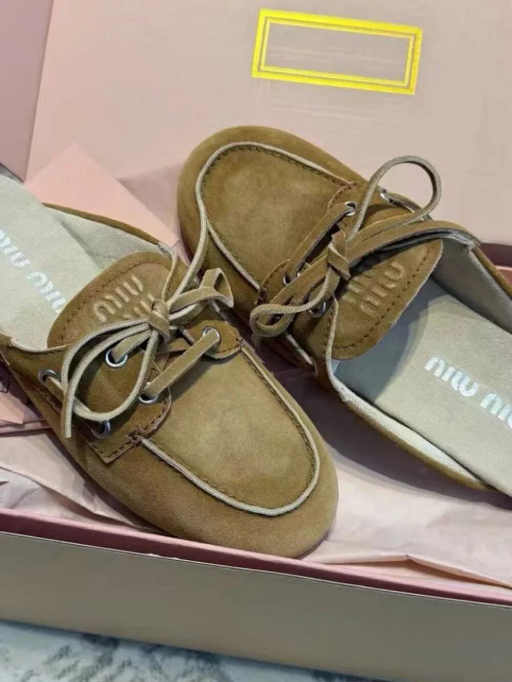 Miu Miu Brown Suede Lace‑Up Mule Slide